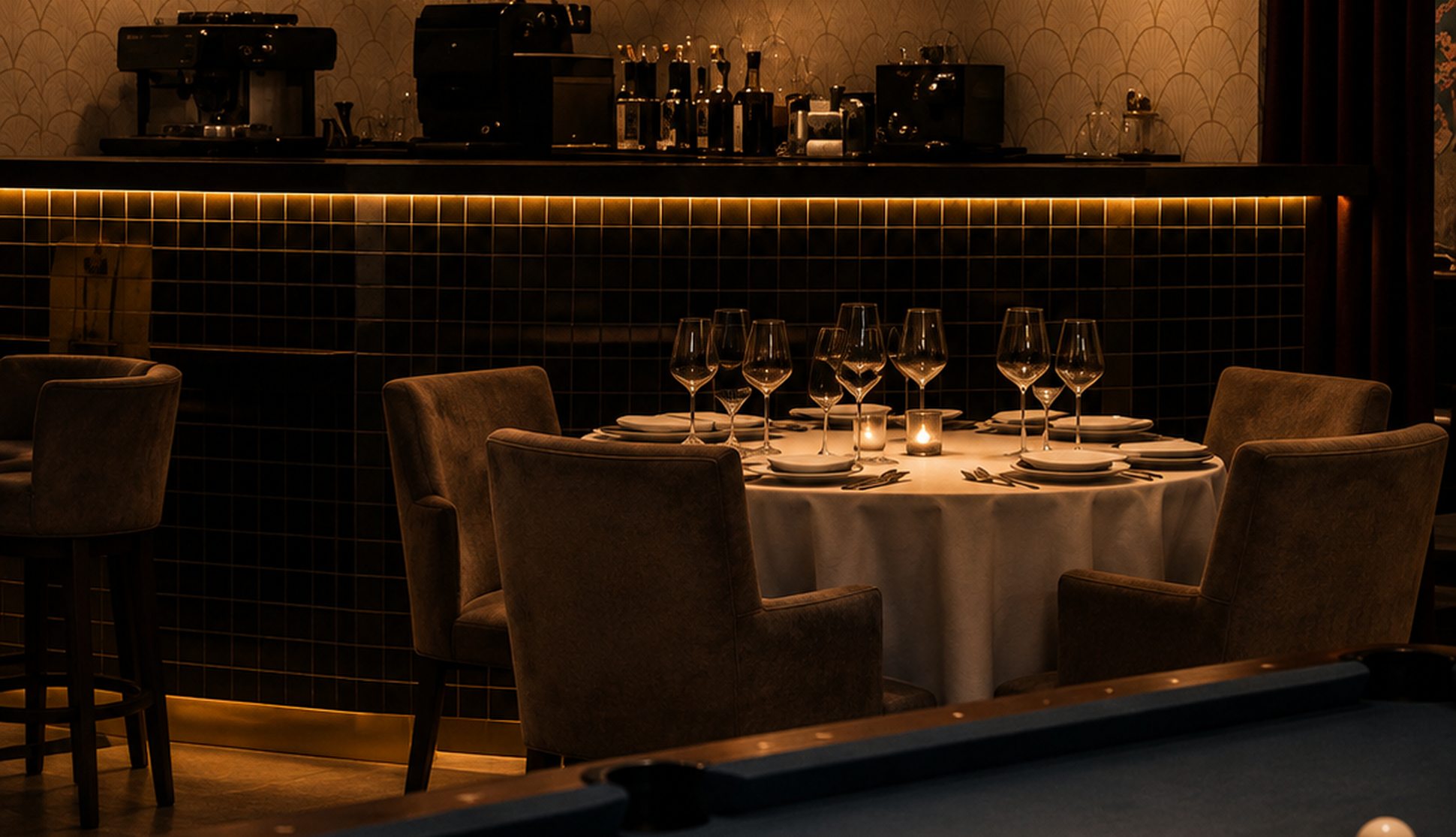 The bar at chandi — lotus pendant, back bar and the pool table