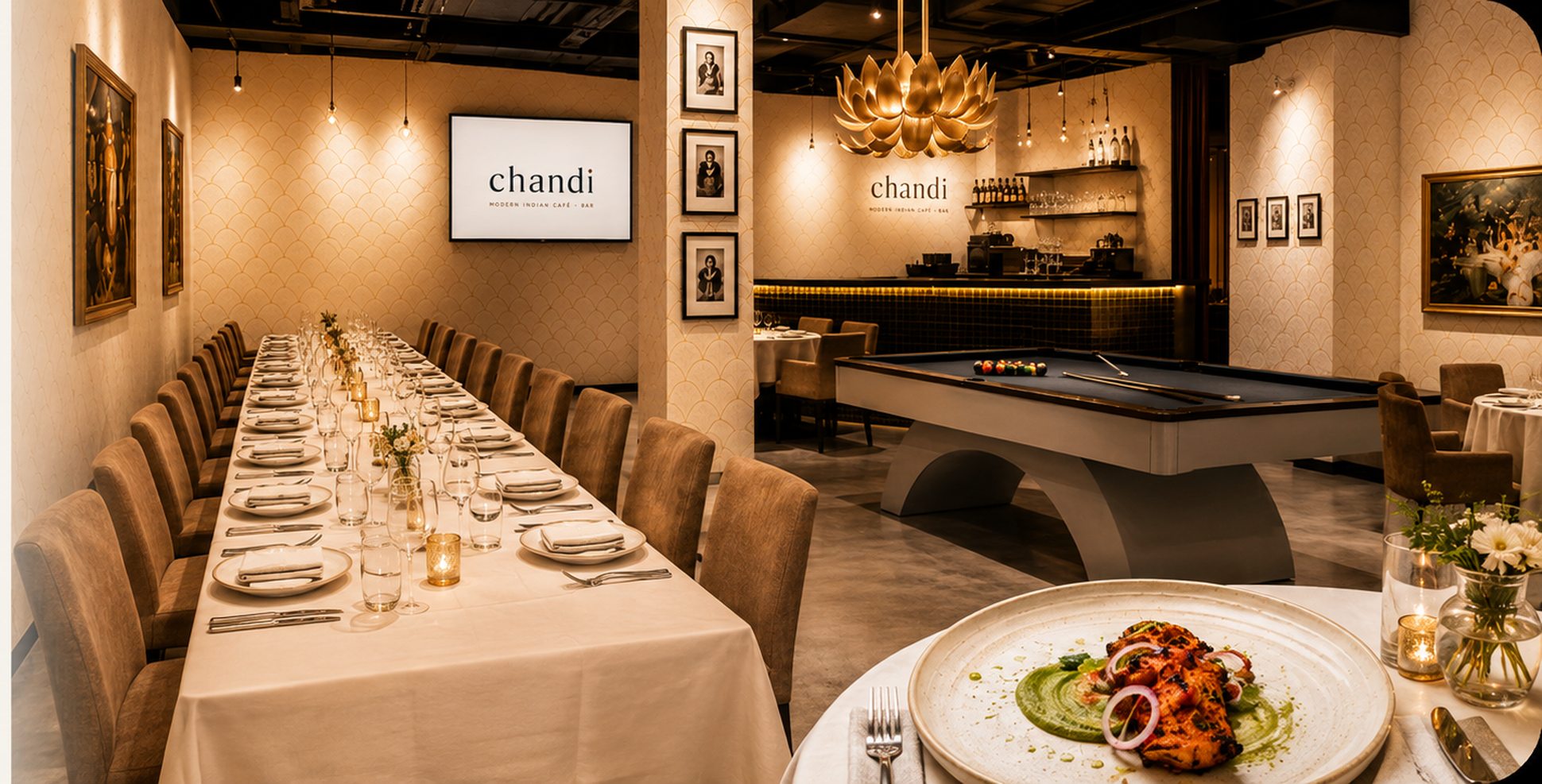 The chandi dining room — long table, pool table and the bar beyond