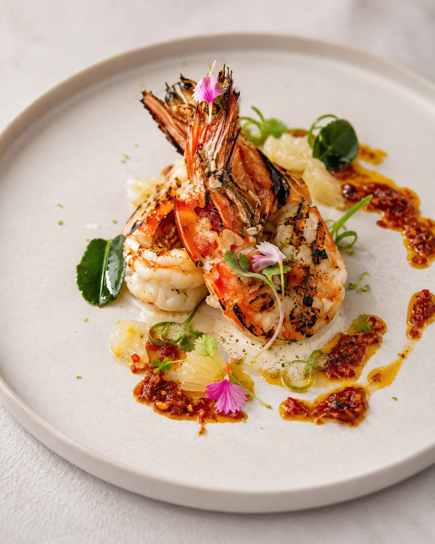 High Tide — Tandoori tiger prawns, dried-shrimp XO, kaffir lime
