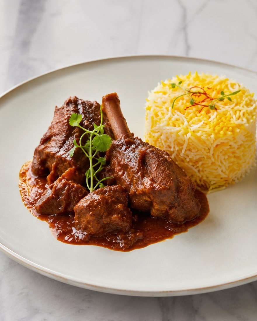 Rogan Josh — Kashmiri slow-cooked lamb, saffron pilaf