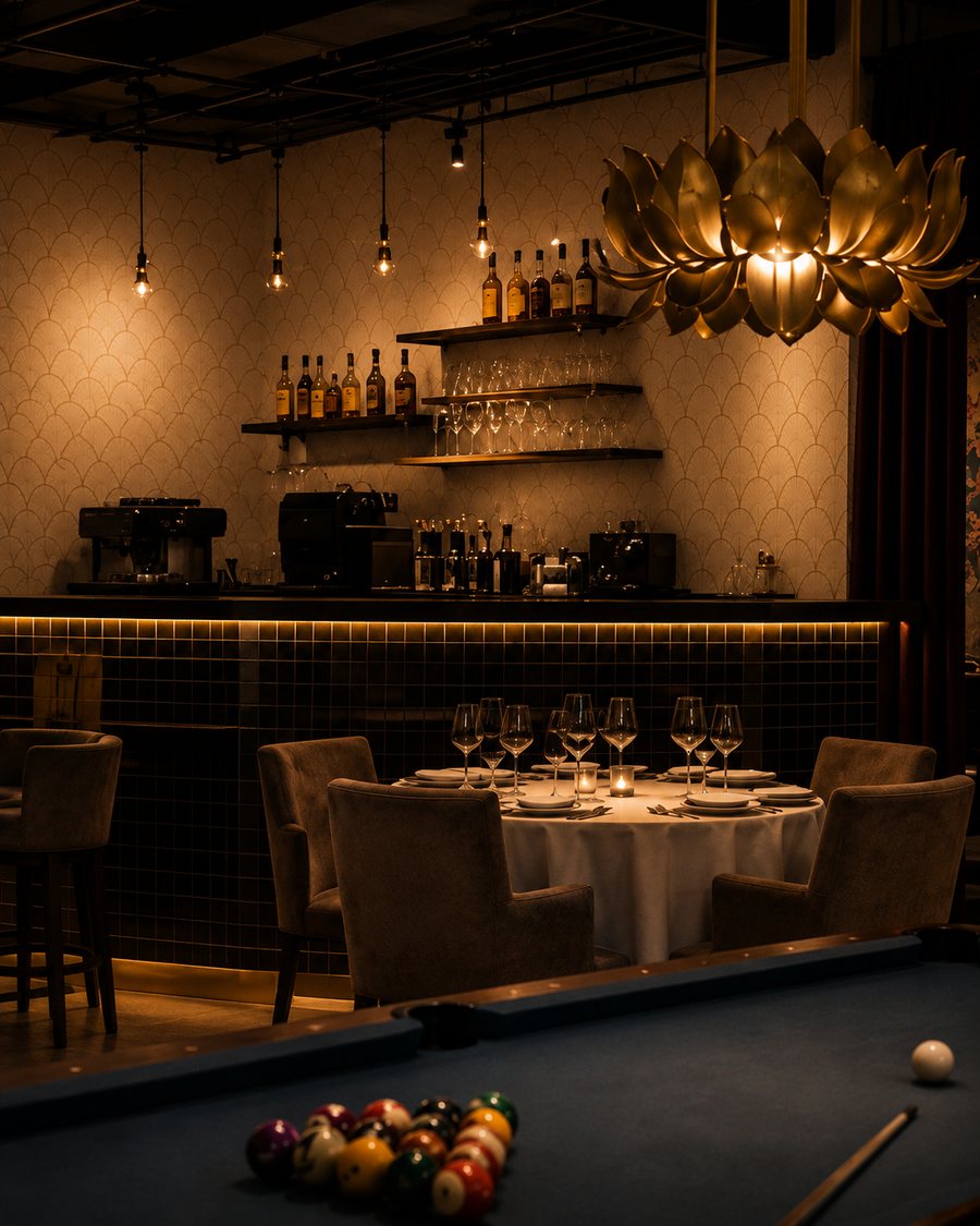 The bar at chandi — lotus pendant, back bar and the pool table